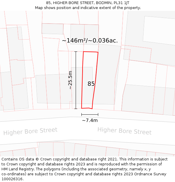 85, HIGHER BORE STREET, BODMIN, PL31 1JT: Plot and title map