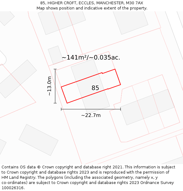 85, HIGHER CROFT, ECCLES, MANCHESTER, M30 7AX: Plot and title map