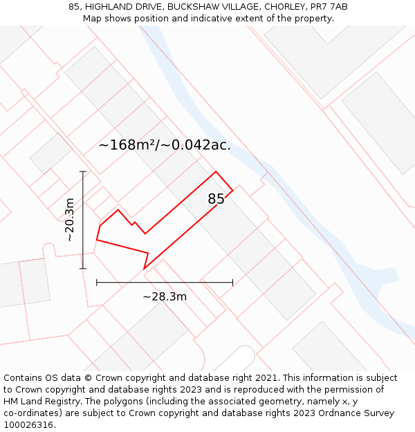85, HIGHLAND DRIVE, BUCKSHAW VILLAGE, CHORLEY, PR7 7AB: Plot and title map