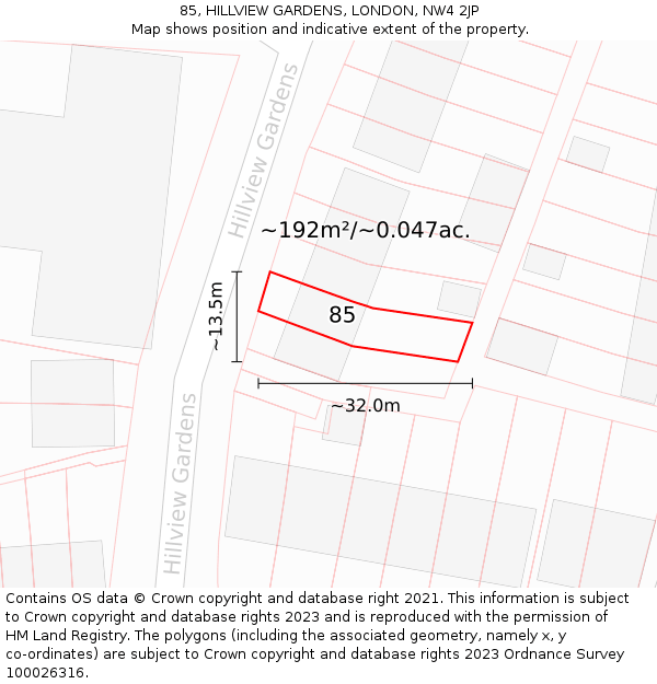 85, HILLVIEW GARDENS, LONDON, NW4 2JP: Plot and title map