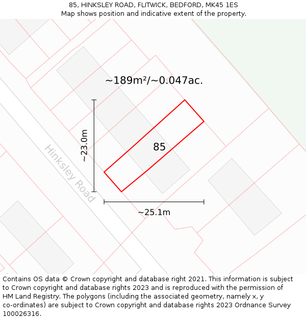 85, HINKSLEY ROAD, FLITWICK, BEDFORD, MK45 1ES: Plot and title map