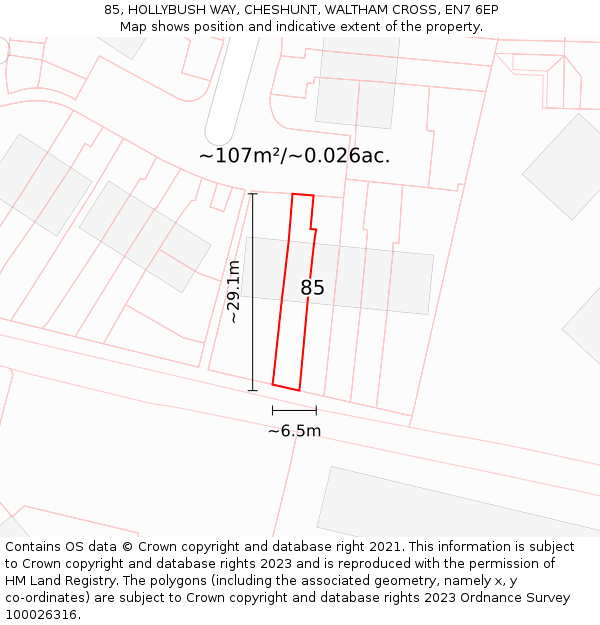85, HOLLYBUSH WAY, CHESHUNT, WALTHAM CROSS, EN7 6EP: Plot and title map