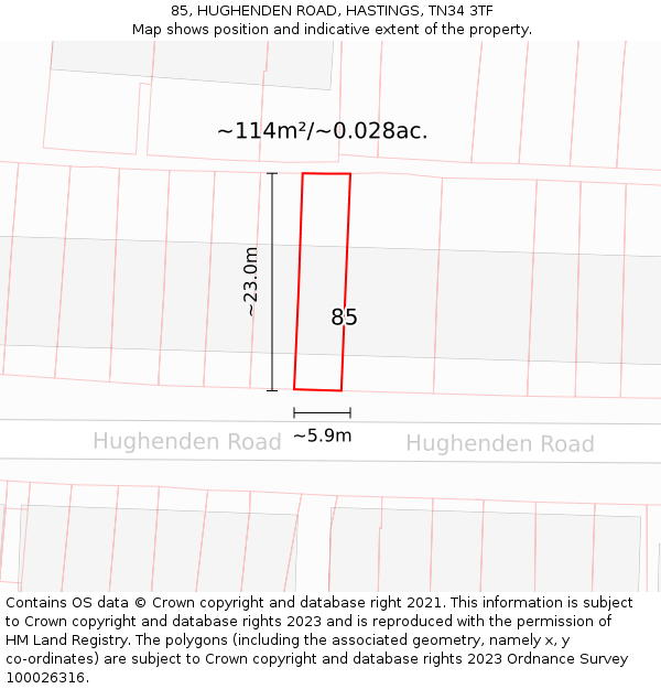 85, HUGHENDEN ROAD, HASTINGS, TN34 3TF: Plot and title map