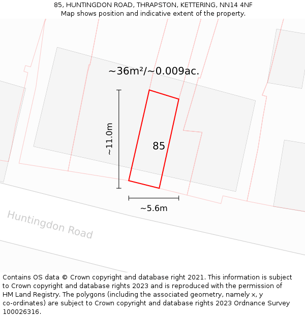 85, HUNTINGDON ROAD, THRAPSTON, KETTERING, NN14 4NF: Plot and title map