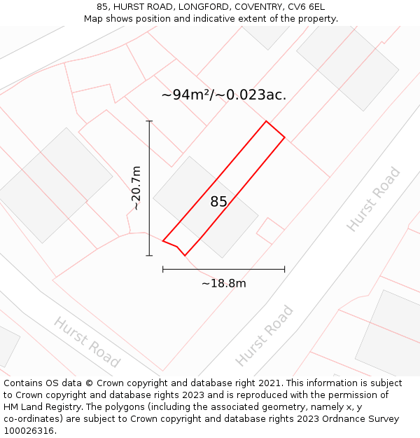 85, HURST ROAD, LONGFORD, COVENTRY, CV6 6EL: Plot and title map