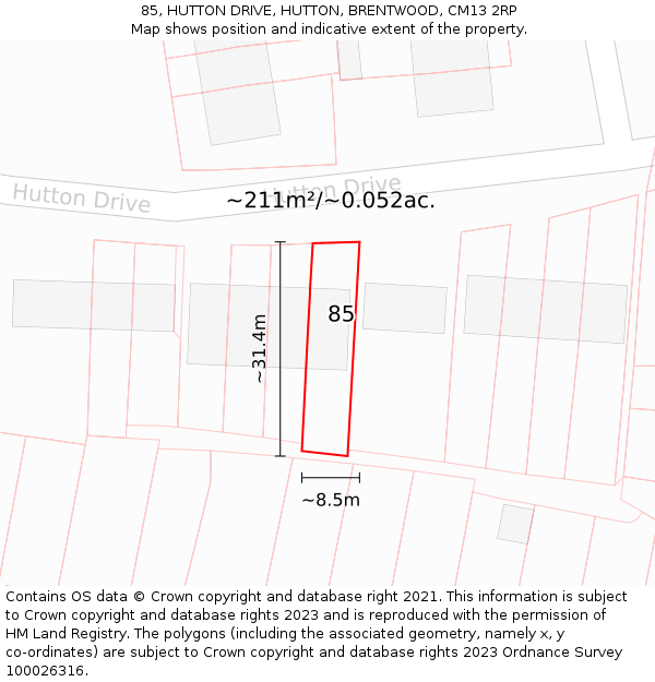 85, HUTTON DRIVE, HUTTON, BRENTWOOD, CM13 2RP: Plot and title map