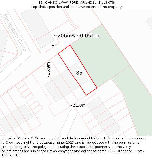 85, JOHNSON WAY, FORD, ARUNDEL, BN18 0TS: Plot and title map