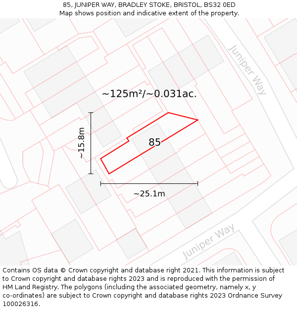 85, JUNIPER WAY, BRADLEY STOKE, BRISTOL, BS32 0ED: Plot and title map