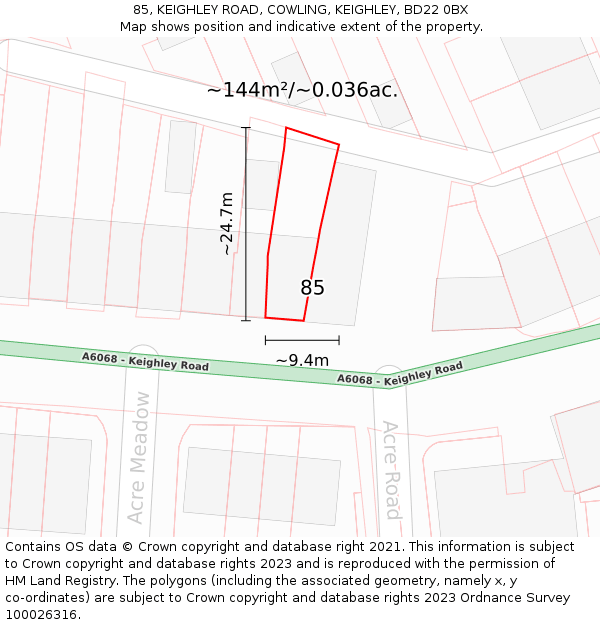 85, KEIGHLEY ROAD, COWLING, KEIGHLEY, BD22 0BX: Plot and title map