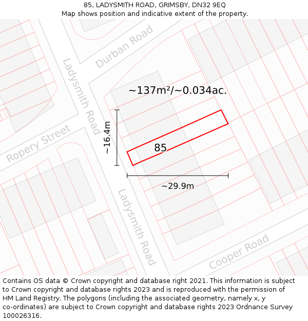 85, LADYSMITH ROAD, GRIMSBY, DN32 9EQ: Plot and title map
