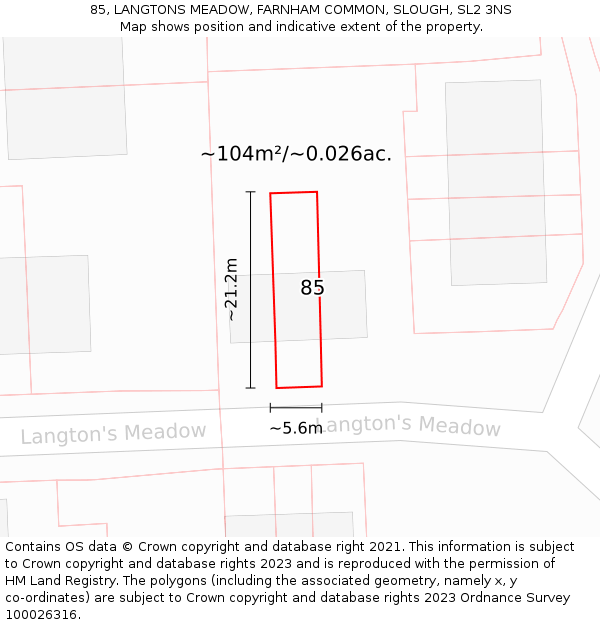 85, LANGTONS MEADOW, FARNHAM COMMON, SLOUGH, SL2 3NS: Plot and title map