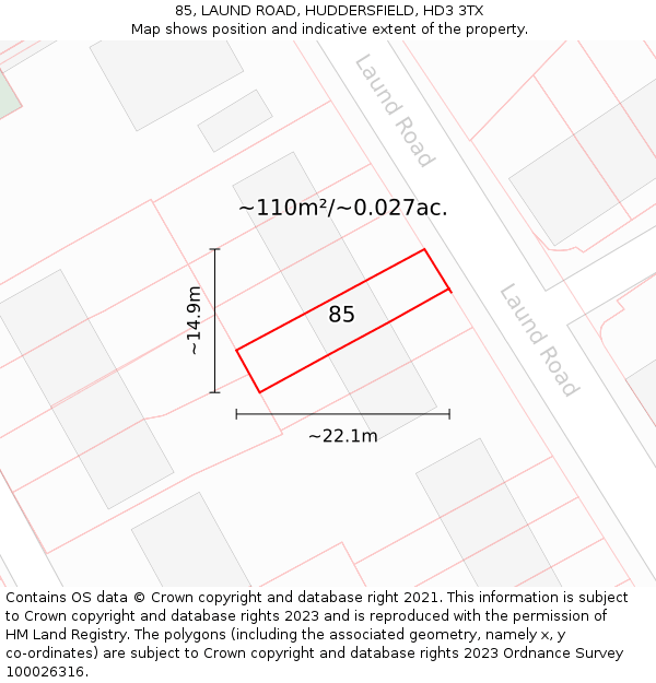 85, LAUND ROAD, HUDDERSFIELD, HD3 3TX: Plot and title map