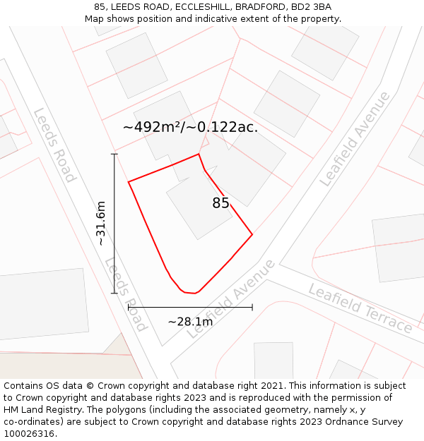 85, LEEDS ROAD, ECCLESHILL, BRADFORD, BD2 3BA: Plot and title map