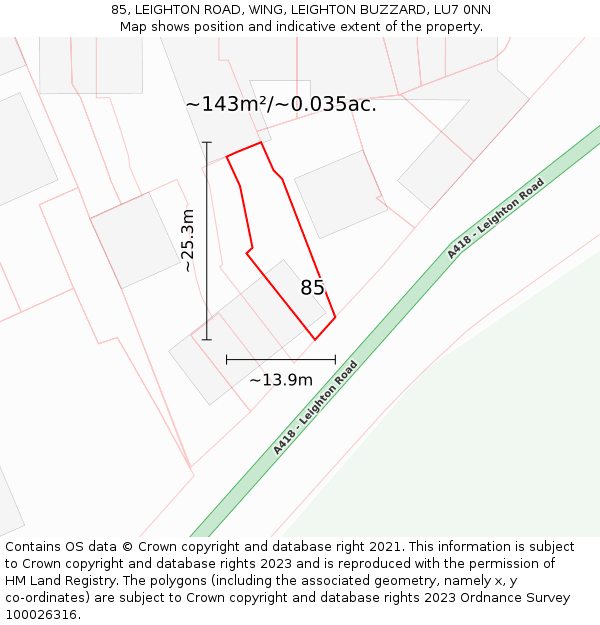 85, LEIGHTON ROAD, WING, LEIGHTON BUZZARD, LU7 0NN: Plot and title map