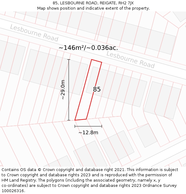 85, LESBOURNE ROAD, REIGATE, RH2 7JX: Plot and title map