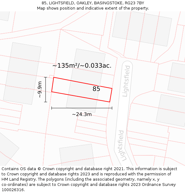 85, LIGHTSFIELD, OAKLEY, BASINGSTOKE, RG23 7BY: Plot and title map
