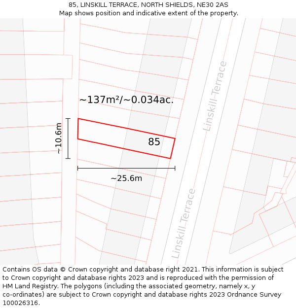 85, LINSKILL TERRACE, NORTH SHIELDS, NE30 2AS: Plot and title map
