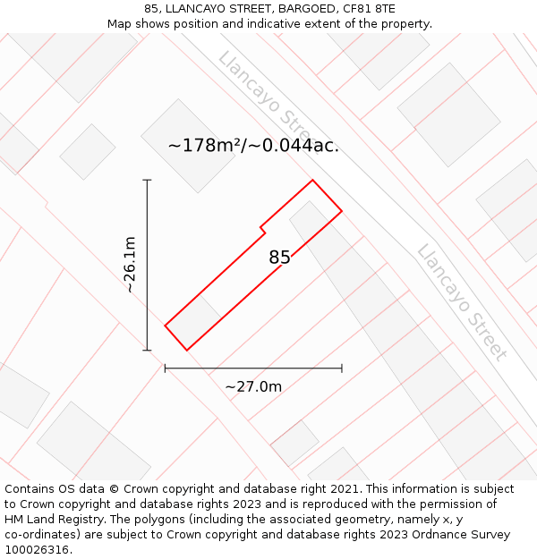 85, LLANCAYO STREET, BARGOED, CF81 8TE: Plot and title map