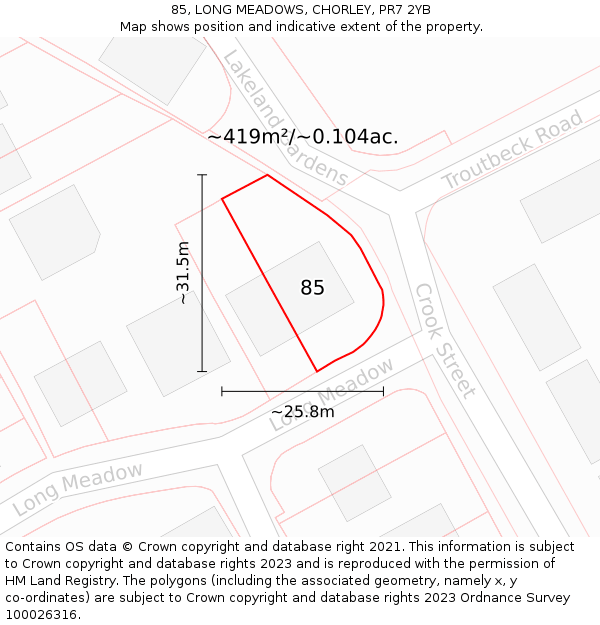 85, LONG MEADOWS, CHORLEY, PR7 2YB: Plot and title map