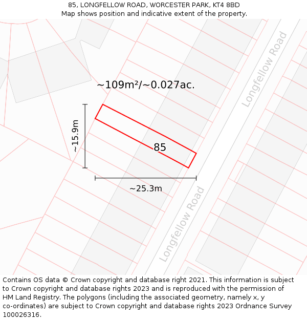 85, LONGFELLOW ROAD, WORCESTER PARK, KT4 8BD: Plot and title map