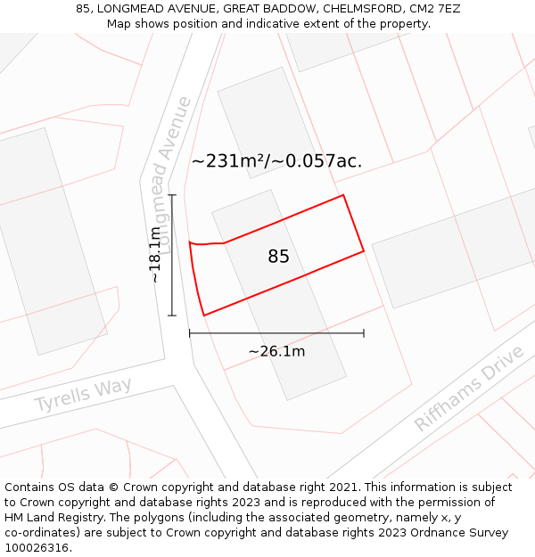 85, LONGMEAD AVENUE, GREAT BADDOW, CHELMSFORD, CM2 7EZ: Plot and title map