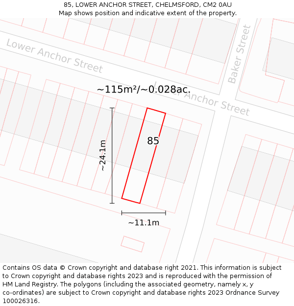 85, LOWER ANCHOR STREET, CHELMSFORD, CM2 0AU: Plot and title map