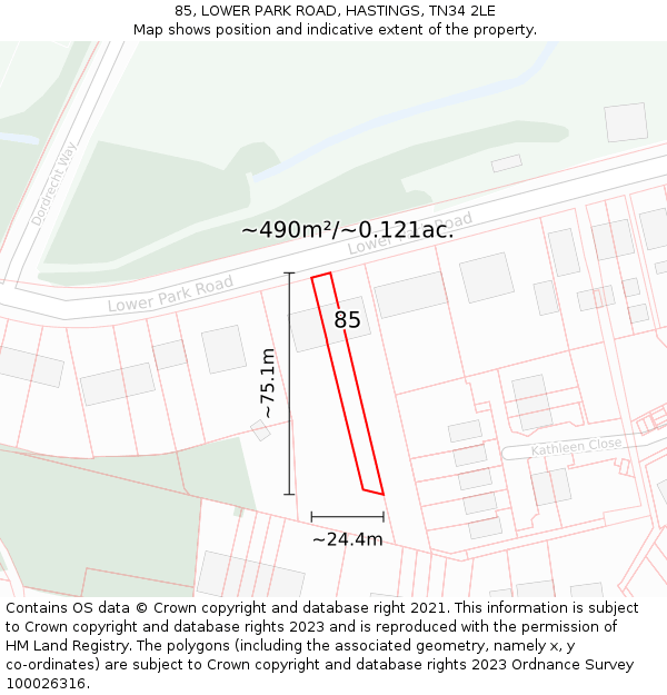 85, LOWER PARK ROAD, HASTINGS, TN34 2LE: Plot and title map