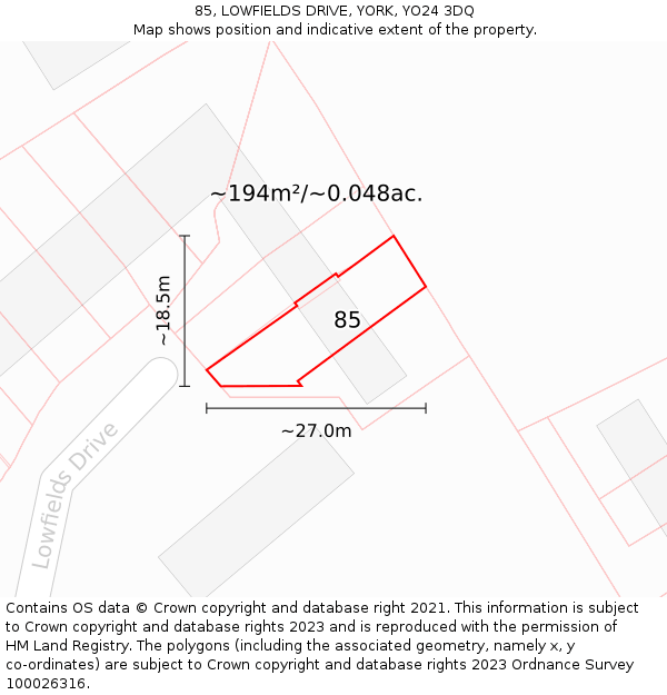 85, LOWFIELDS DRIVE, YORK, YO24 3DQ: Plot and title map