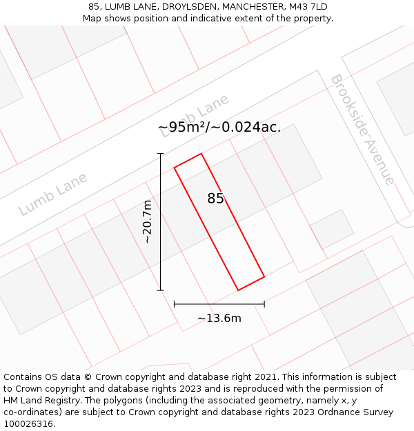 85, LUMB LANE, DROYLSDEN, MANCHESTER, M43 7LD: Plot and title map
