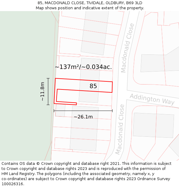 85, MACDONALD CLOSE, TIVIDALE, OLDBURY, B69 3LD: Plot and title map