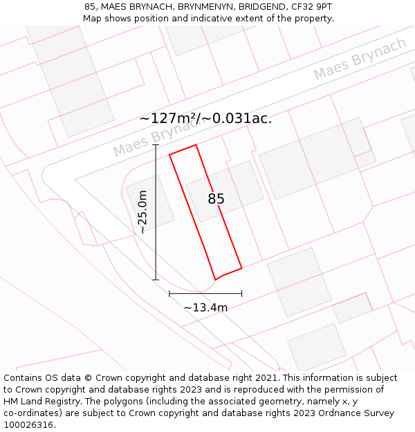 85, MAES BRYNACH, BRYNMENYN, BRIDGEND, CF32 9PT: Plot and title map