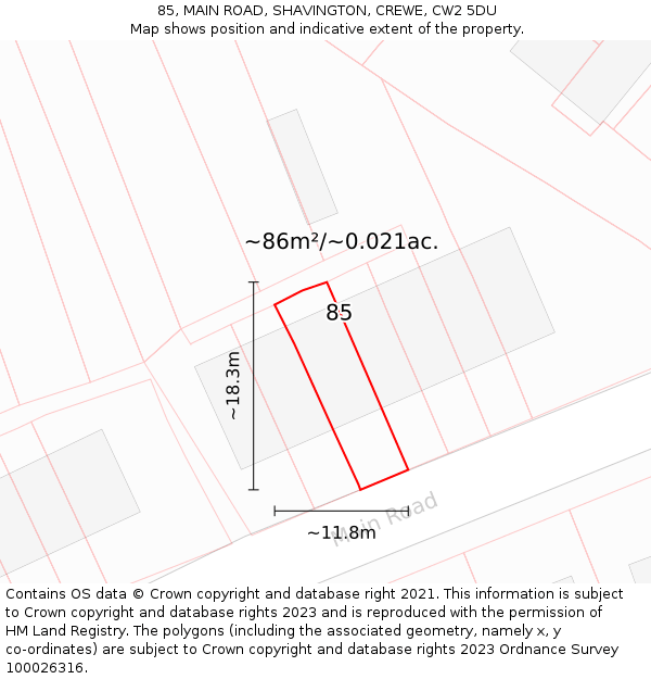 85, MAIN ROAD, SHAVINGTON, CREWE, CW2 5DU: Plot and title map
