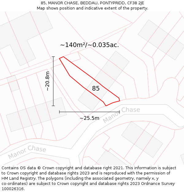 85, MANOR CHASE, BEDDAU, PONTYPRIDD, CF38 2JE: Plot and title map
