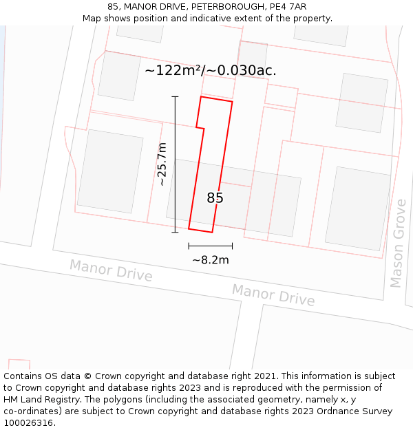 85, MANOR DRIVE, PETERBOROUGH, PE4 7AR: Plot and title map