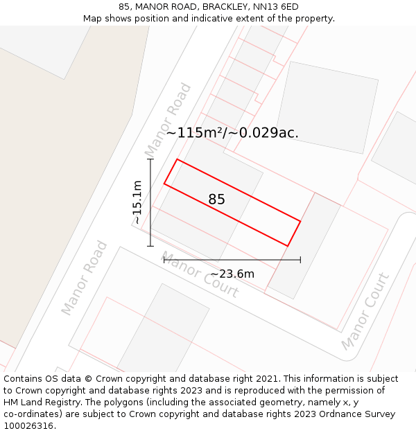85, MANOR ROAD, BRACKLEY, NN13 6ED: Plot and title map