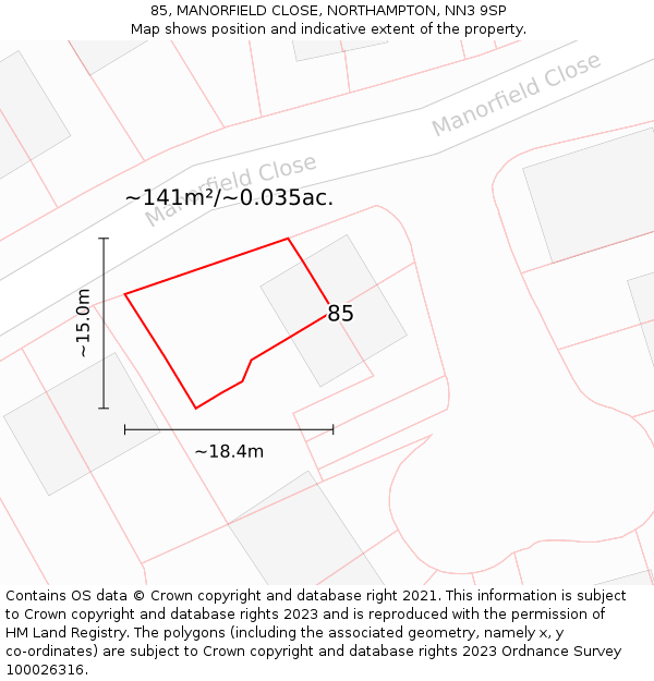 85, MANORFIELD CLOSE, NORTHAMPTON, NN3 9SP: Plot and title map
