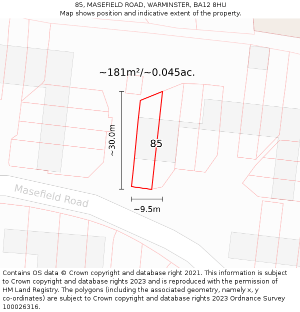 85, MASEFIELD ROAD, WARMINSTER, BA12 8HU: Plot and title map