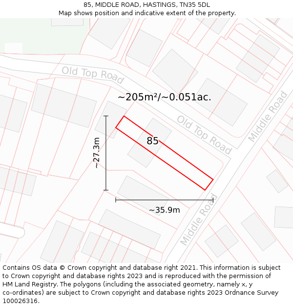 85, MIDDLE ROAD, HASTINGS, TN35 5DL: Plot and title map