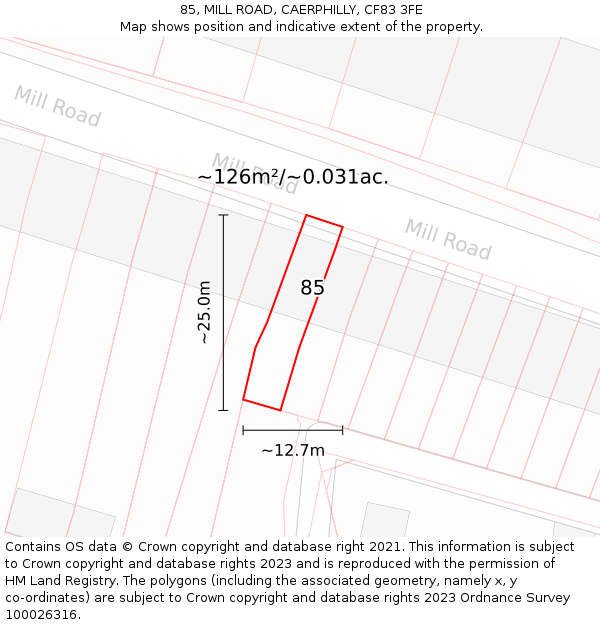 85, MILL ROAD, CAERPHILLY, CF83 3FE: Plot and title map