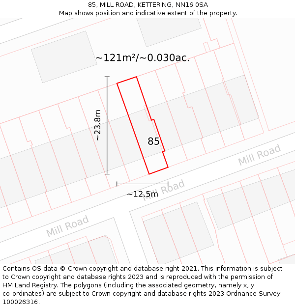 85, MILL ROAD, KETTERING, NN16 0SA: Plot and title map
