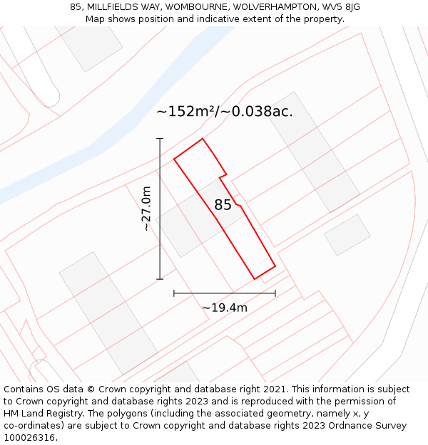 85, MILLFIELDS WAY, WOMBOURNE, WOLVERHAMPTON, WV5 8JG: Plot and title map