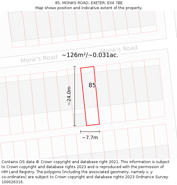 85, MONKS ROAD, EXETER, EX4 7BE: Plot and title map