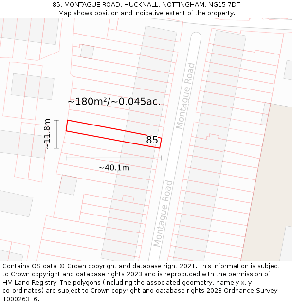 85, MONTAGUE ROAD, HUCKNALL, NOTTINGHAM, NG15 7DT: Plot and title map
