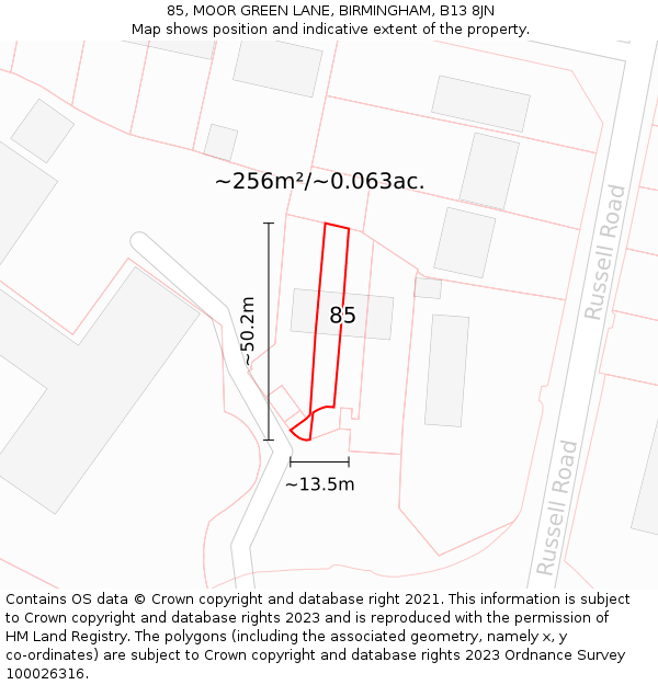 85, MOOR GREEN LANE, BIRMINGHAM, B13 8JN: Plot and title map