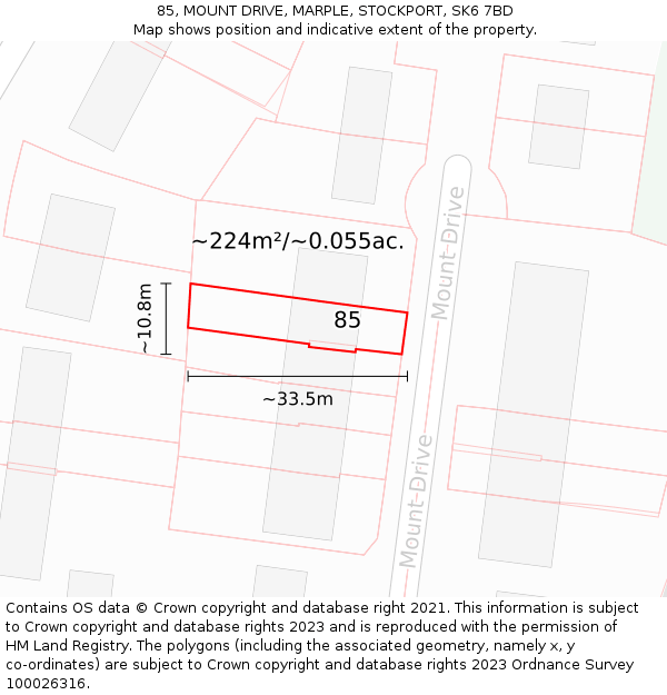 85, MOUNT DRIVE, MARPLE, STOCKPORT, SK6 7BD: Plot and title map