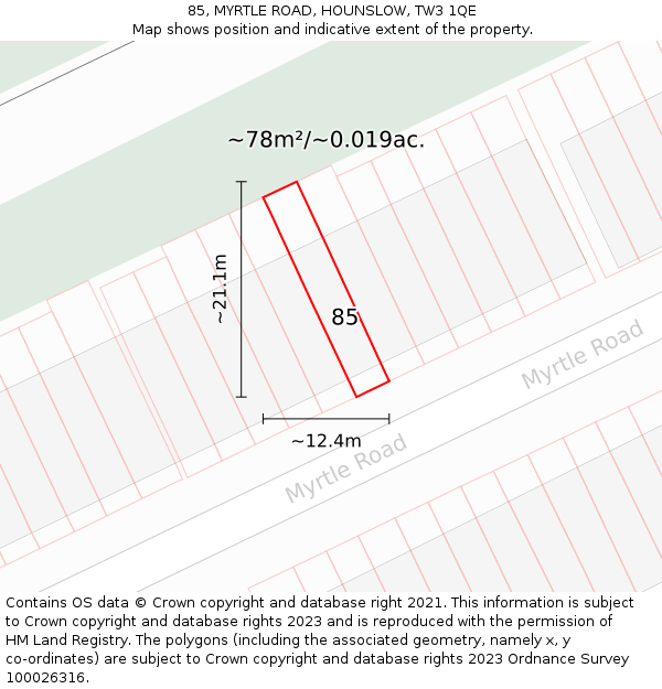 85, MYRTLE ROAD, HOUNSLOW, TW3 1QE: Plot and title map