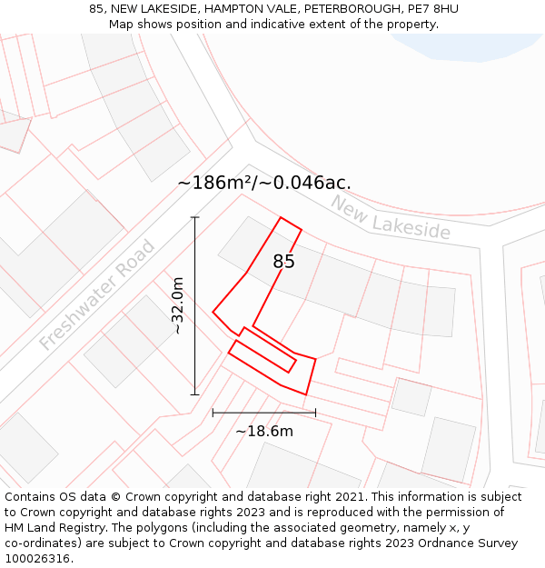 85, NEW LAKESIDE, HAMPTON VALE, PETERBOROUGH, PE7 8HU: Plot and title map