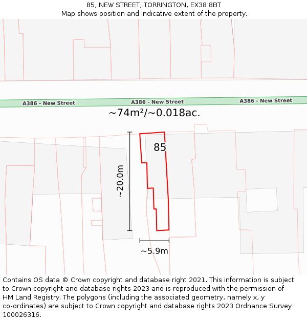 85, NEW STREET, TORRINGTON, EX38 8BT: Plot and title map