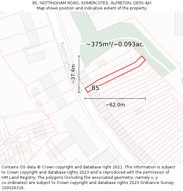 85, NOTTINGHAM ROAD, SOMERCOTES, ALFRETON, DE55 4JH: Plot and title map