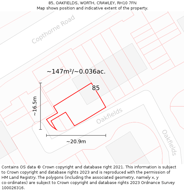 85, OAKFIELDS, WORTH, CRAWLEY, RH10 7FN: Plot and title map